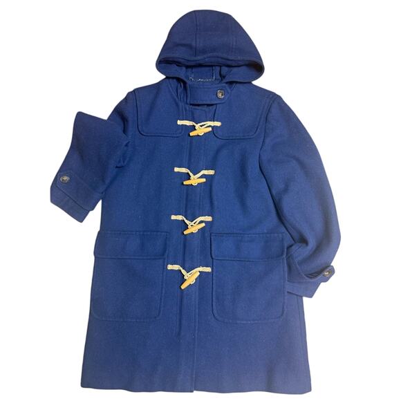Vintage Lands' End Size 10 Petite Navy Wool Hooded Duffle Coat Toggle Buttons - Picture 1 of 16
